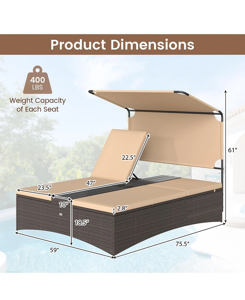 Gymax Daybed w/ Adjustable Backrests 2-Person Pe Rattan Patio Bed w/ Canopy Outdoor