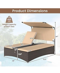 Gymax Daybed w/ Adjustable Backrests 2-Person Pe Rattan Patio Bed w/ Canopy Outdoor
