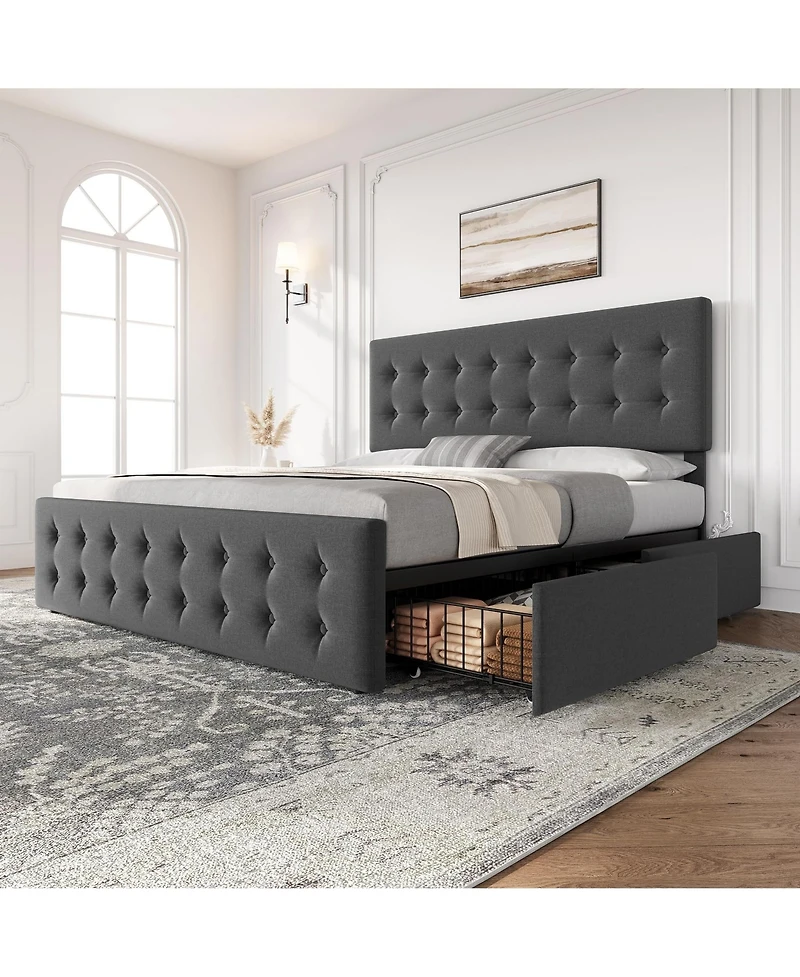 gaomon King Bed Frame with Headboard and 4 Storage Drawers, Square Stitched Button Tufted Platform