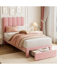 gaomon 2 Sets Twin Bed Frame with Under-Bed Drawer, Upholstered Platform Bed with Wave Headboard for Kids/Girls, Wooden Slats Support