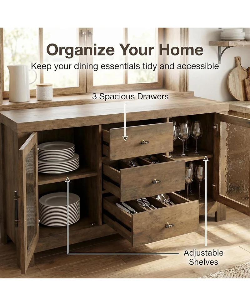 gaomon 54.4" Buffet Sideboard Cabinet, Wood Storage with 2 Glass Doors & 3 Drawers, Coffee Bar & Tv Stand for Living Room, Kitchen, Dining Room