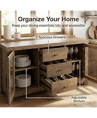 gaomon 54.4" Buffet Sideboard Cabinet, Wood Storage with 2 Glass Doors & 3 Drawers, Coffee Bar & Tv Stand for Living Room, Kitchen, Dining Room