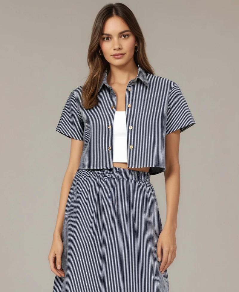 Modenaire Women's Striped Cropped Button-Up Shirt and Midi Skirt Set