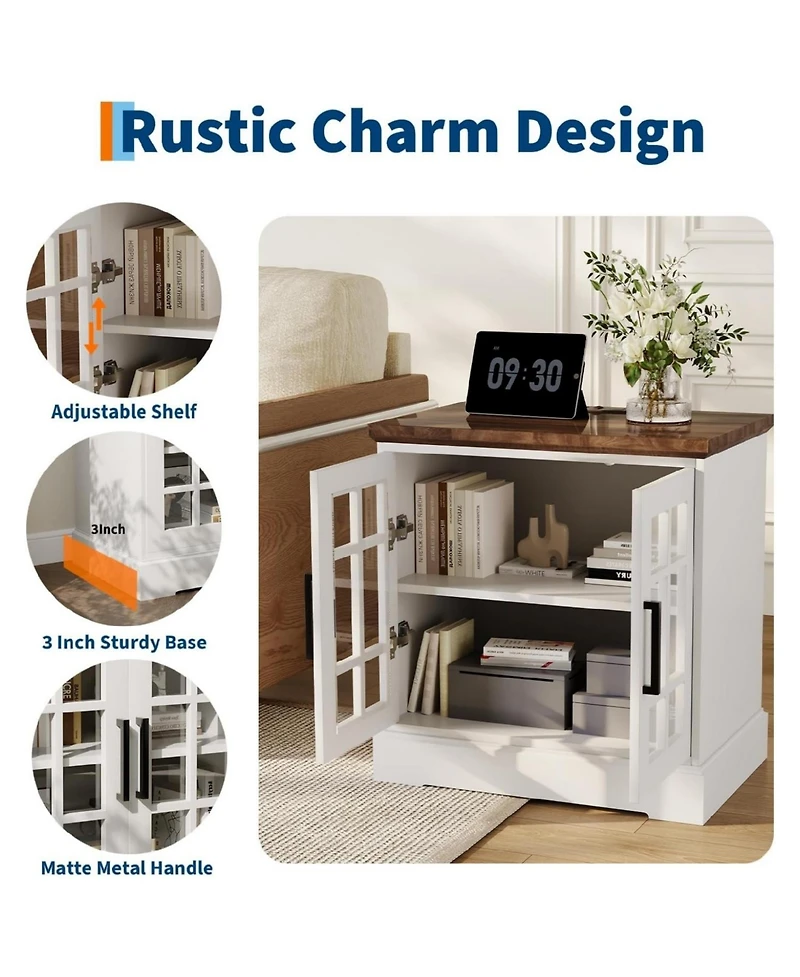 gaomon 24 Inch Farmhouse Nightstand, Tempered Glass Door End Table with Charging Station & Adjustable Shelf