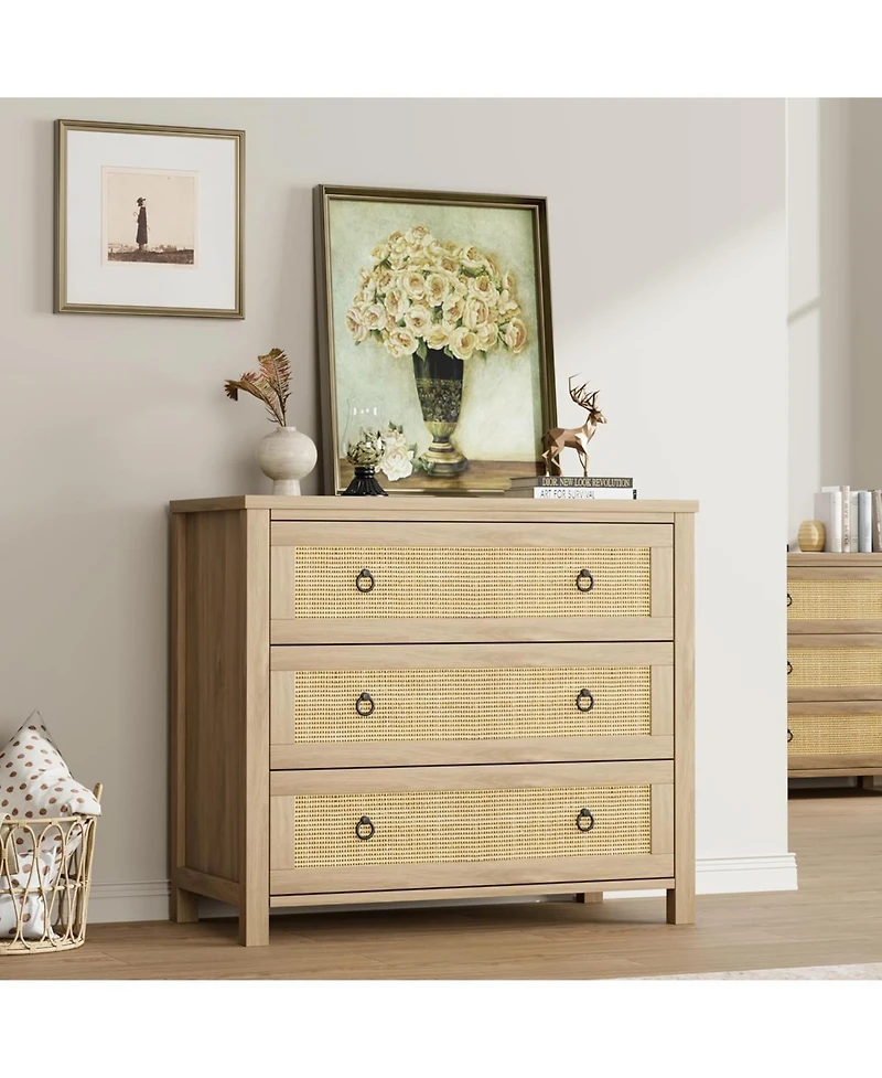gaomon Rattan 3 Drawer Dresser, 29" Tall Boho Wooden Chest for Bedroom, Living Room