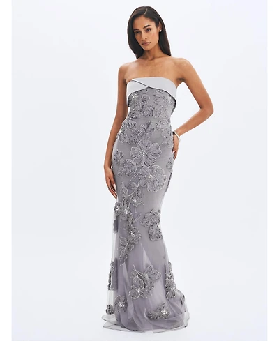 Miss Circle Women's Raphaela Silver Beaded Floral Strapless Mermaid Maxi Dress