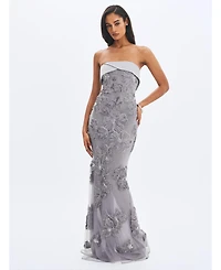 Miss Circle Women's Raphaela Silver Beaded Floral Strapless Mermaid Maxi Dress