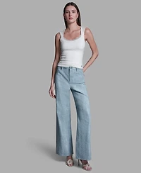 Bcbg Women's Mid-Rise Embellished Detail Wide-Leg Jeans