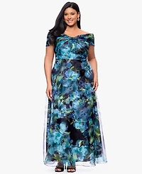 Betsy & Adam Plus Printed Off-the-Shoulder Ball Gown