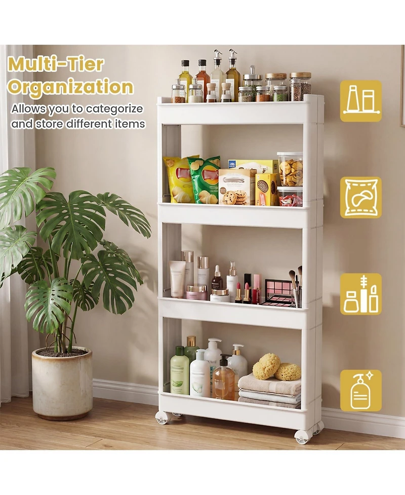 Volenca 4-Tier Slim Storage Trolley with Detachable Trays, Multifunction Rolling Organizer