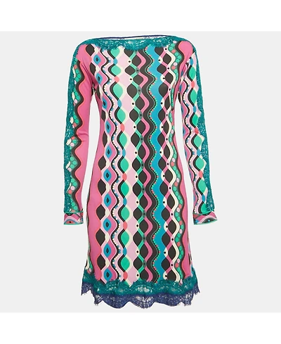 Pre-Owned Emilio Pucci Women's Printed Jersey Lace Detail Mini Dress