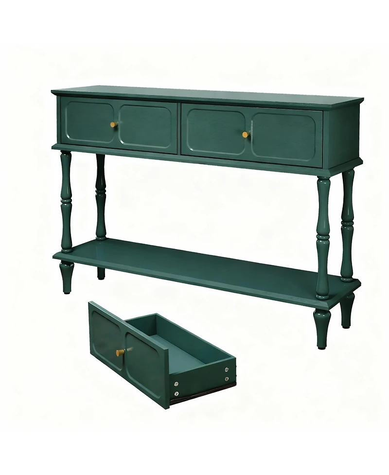 Yigii Mid-Century Green Console Table, 2 Drawers, Open Shelf, Vintage Design