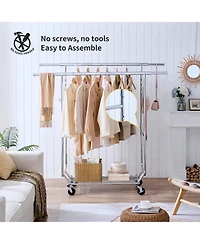 Rainsken Double Clothing Garment Rack, Double Rod Rolling Clothing Rack, Portable Collapsible Hanging Rack with Shelves, Capacity 800lbs for Bedroom