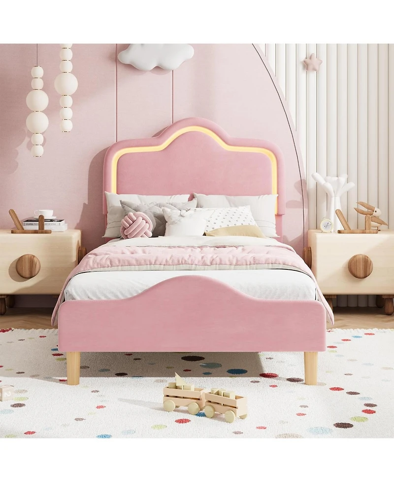 gaomon Twin Size Upholstered Led Bed Frame with Adjustable Headboard and Footboard, Velvet Princess Platform Bedframe for Kids/Girls, Easy Assembly
