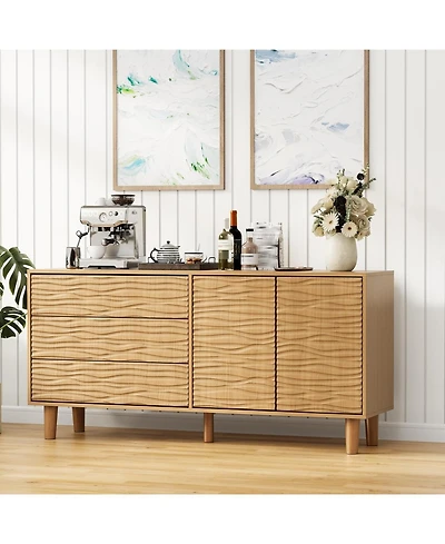 gaomon 61" Mid Century Sideboard Buffet Cabinet with Undulating Groove Design, Large Storage Cabinet with 3 Drawers, 2 Push-to-Open Doors