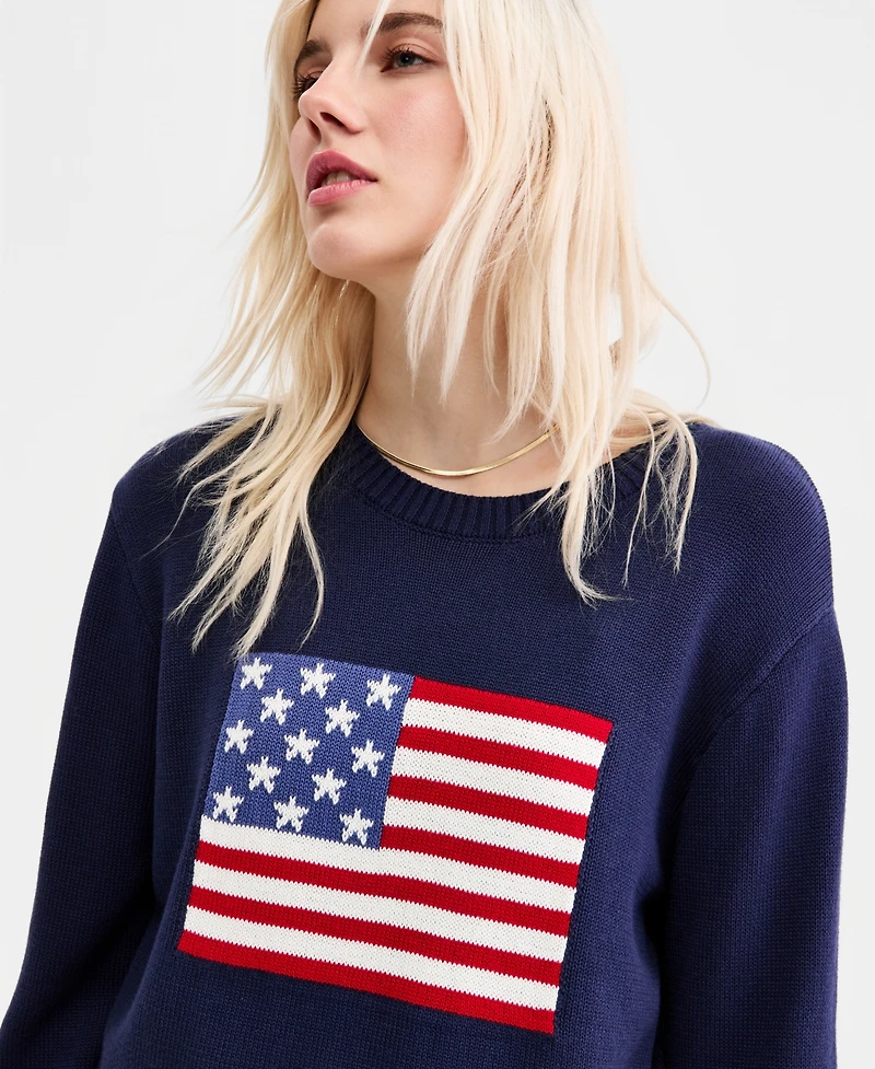 Hooked Up by Iot Juniors' American Flag Crewneck Sweater