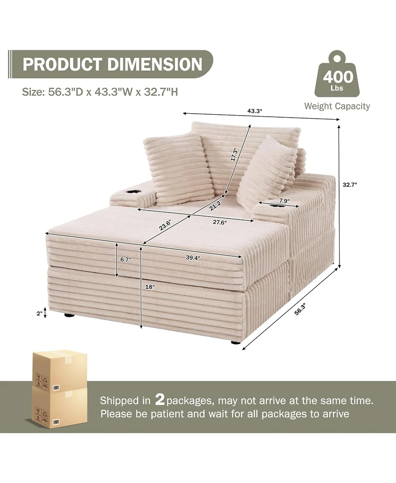 gaomon Chaise Lounge Chair Indoor with Storage Ottoman, Upholstered Corduroy Sofa Bed Cloud Couch with 3 Pillows