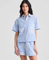 Now This Womens Cotton Patchwork Embroidered Camp Shirt Macys Exclusive