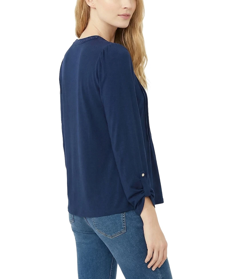 Ny Collection Petite Long Sleeve Pleat Front Roll Tab Top
