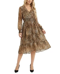 Ny Collection Petite Long Sleeve Clip Dot Chiffon Dress With Smocked Waist and Cuffs