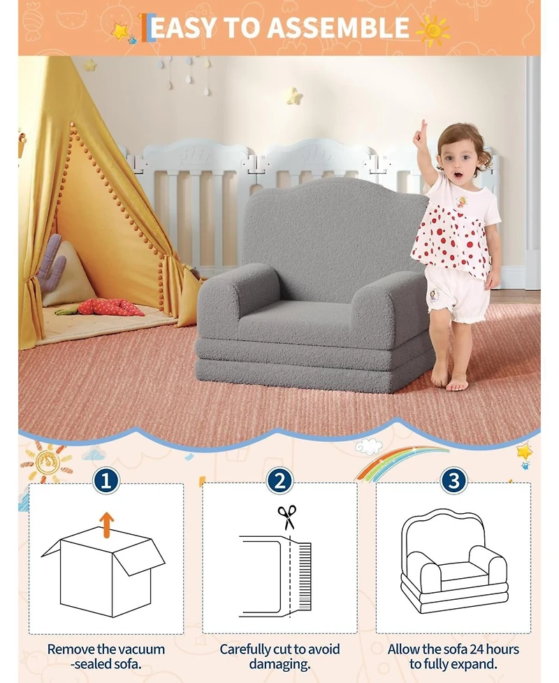 gaomon Kids Couch, 2-in-1 Convertible Teddy Fleece Fabric Toddler Sofa Chair, Soft Fold Out Couch Lounger for Kids, Comfy Children's Sofa