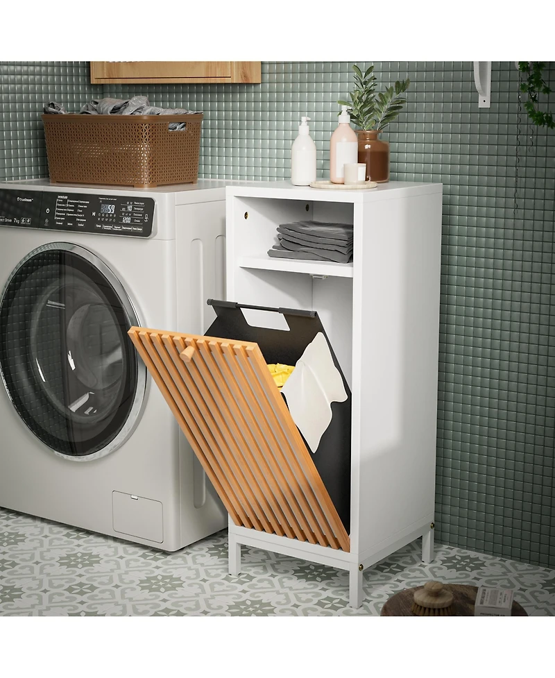 Rainsken Tilt Out Laundry Hamper Cabinet with Bamboo Slat Front & Removable Hamper