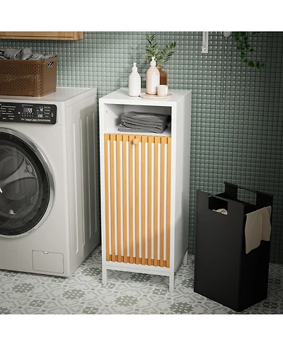 Rainsken Tilt Out Laundry Hamper Cabinet with Bamboo Slat Front & Removable Hamper