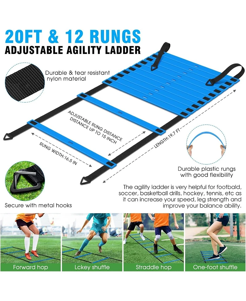 X-umeus 20ft Agility Ladder Training Set with 12 Cones, 4 Hurdles, Jump Rope & Parachute for Soccer, Basketball, Football – Kids to Adults