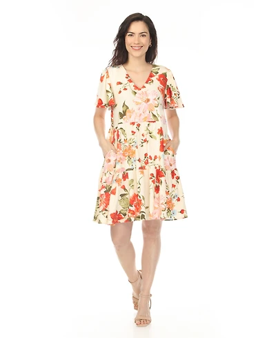White Mark Women's V-Neck Tropical Flower Short Sleeve Dress
