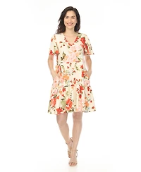 White Mark Women's V-Neck Tropical Flower Short Sleeve Dress
