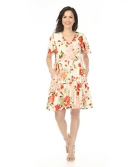 White Mark Womens V Neck Tropical Flower Short Sleeve Dress