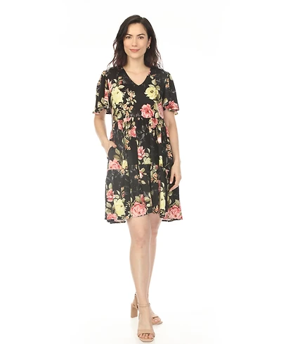 White Mark Women's V-Neck Tropical Flower Short Sleeve Dress