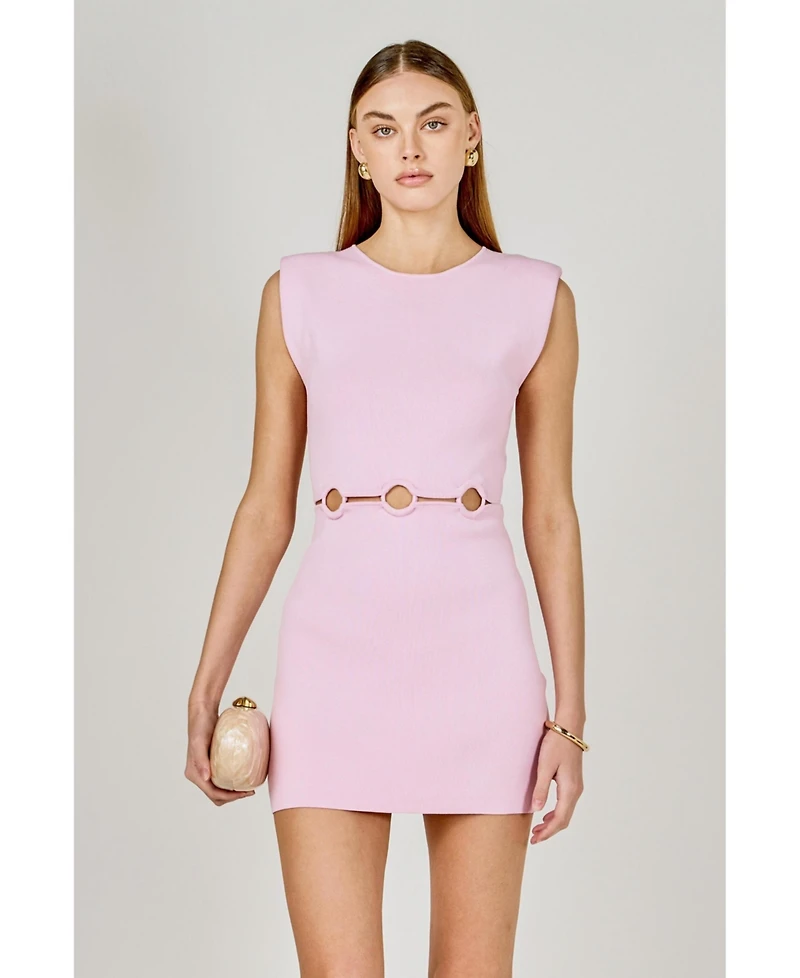 endless rose Women's Ring Detailed Power Shoulder Mini Knit Dress