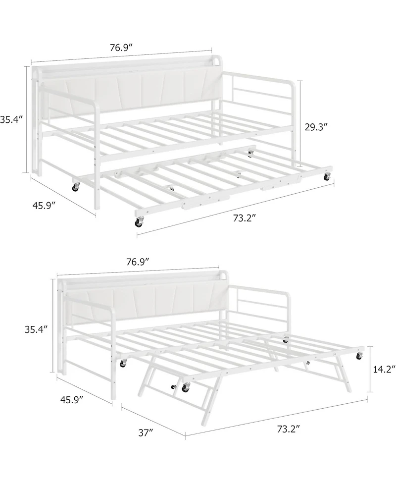 gaomon Twin Daybed with Trundle & Led Light, Metal Frame, Linen Headboard, Usb Charging for Guest Room