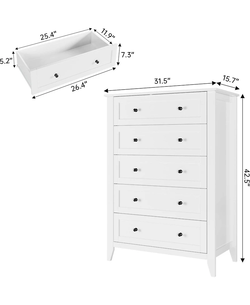 gaomon 5 Drawer Dresser for Bedroom, Tall with Deep Drawers & Metal Knobs, Modern Wooden Chests of Entryway