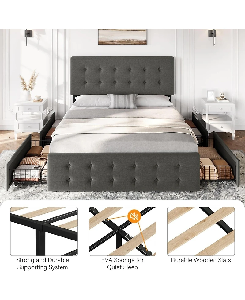 gaomon Full Size Bed Frame with 4 Storage Drawers and Headboard