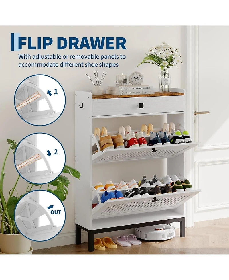 gaomon Shoe Storage Cabinet with 2 Flip Drawers & Top Drawer, Wooden Shoe Organizer with Hollow Panels for Entryway