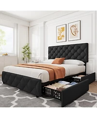 gaomon Queen Size Bed Frame with 4 Storage Drawers, Linen Upholstered Platform Bed Frame with Adjustable Headboard