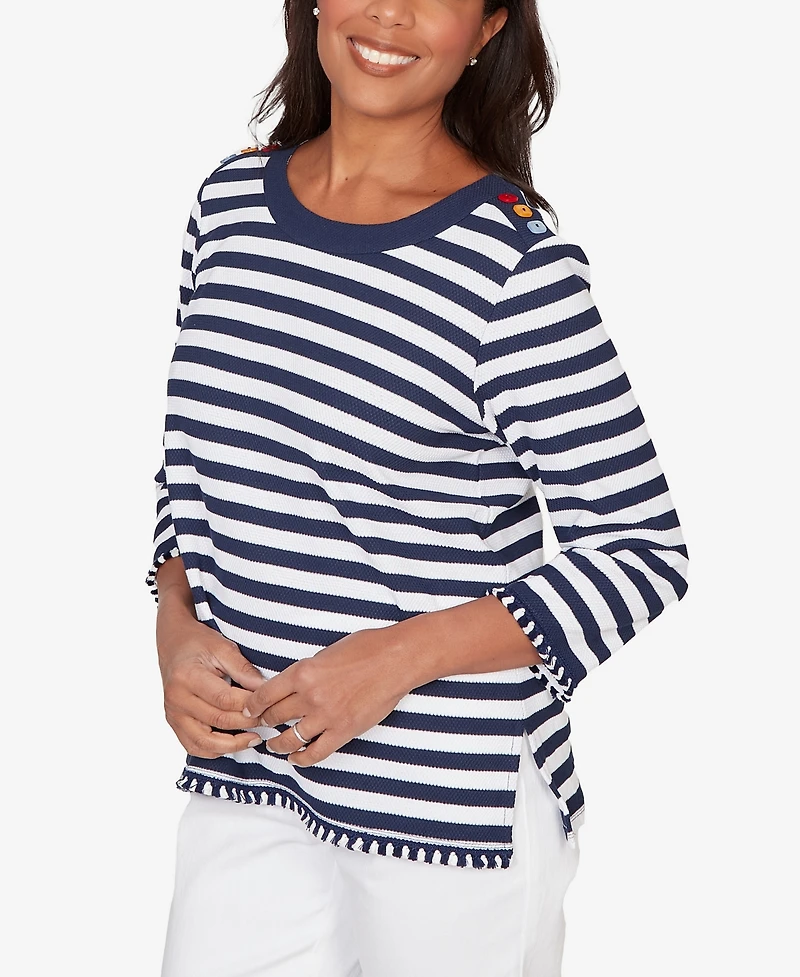 Alfred Dunner Women's Port Side Pique Stripe Button Detail Top