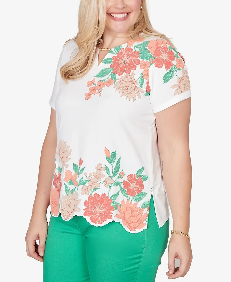 Alfred Dunner Women's Resort Living Floral Scallop Border Top