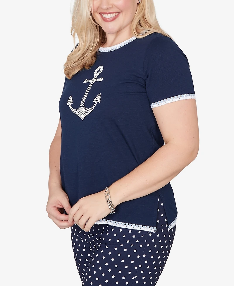 Alfred Dunner Women's Port Side Mother of Pearl Anchor Graphic Top