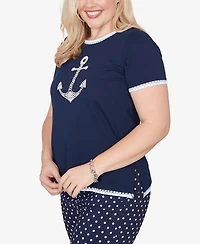 Alfred Dunner Women's Port Side Mother of Pearl Anchor Graphic Top