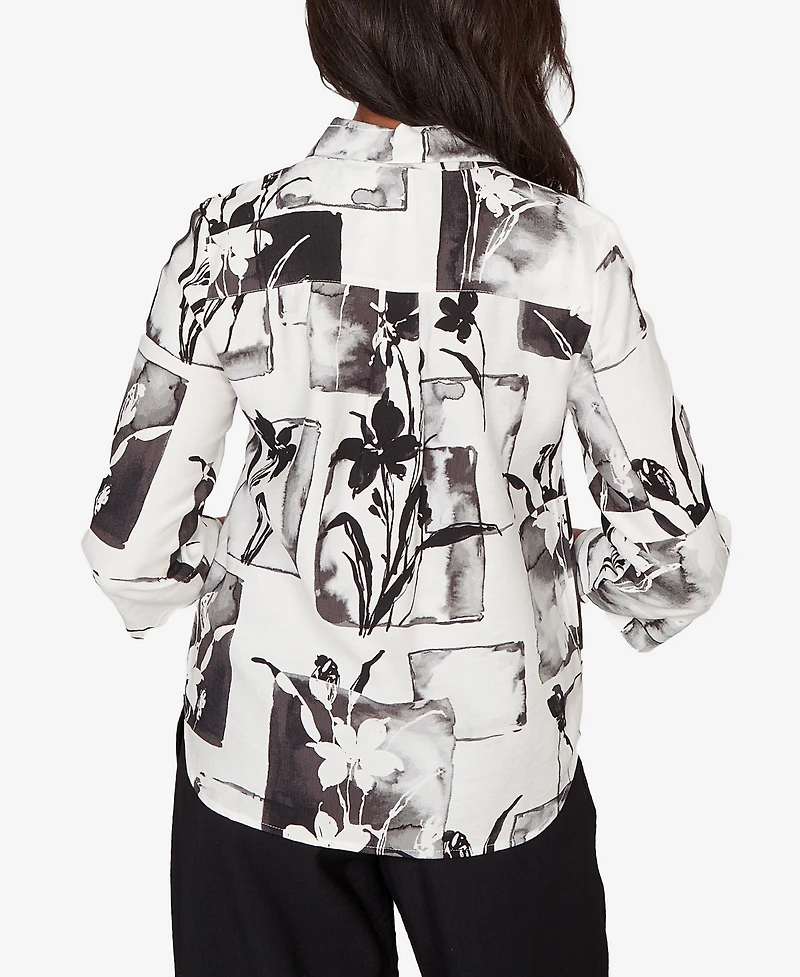 Alfred Dunner Women's Crowd Pleaser Floral Patchwork Button Front Top