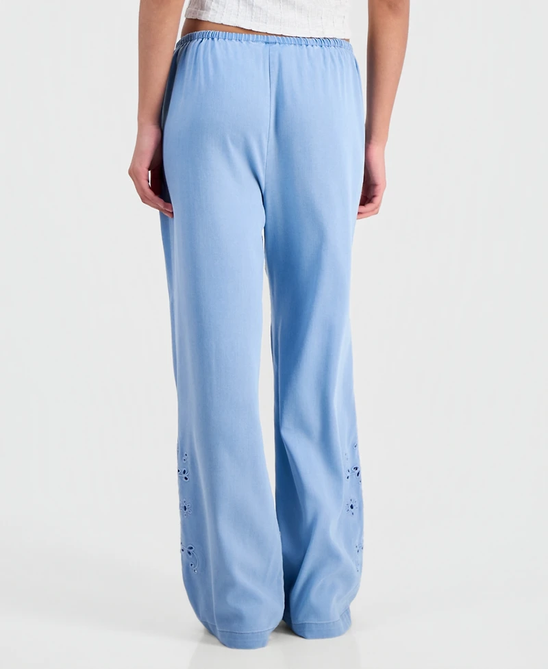 Indigo Rein Juniors' Chambray Eyelet-Hem Drawstring Pants