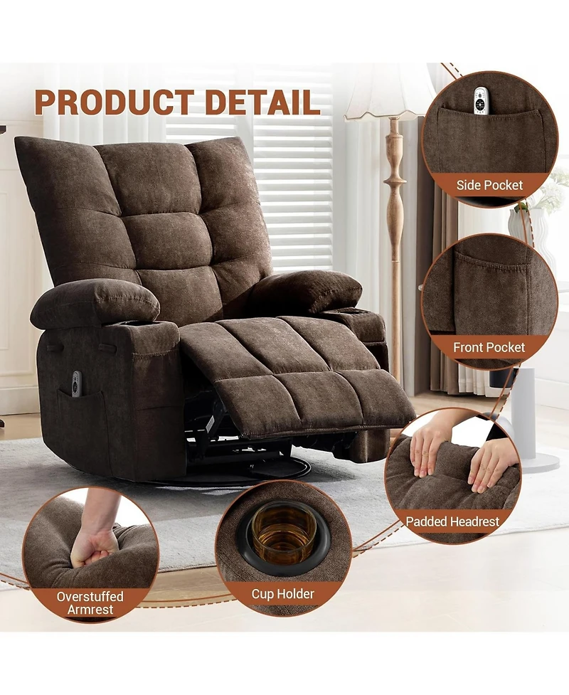 gaomon Swivel Recliner Chair with Massage & Heat for Elderly Adults,Oversized Ergonomic Lounge Single Sofa,360° Rotating Rocking Chair