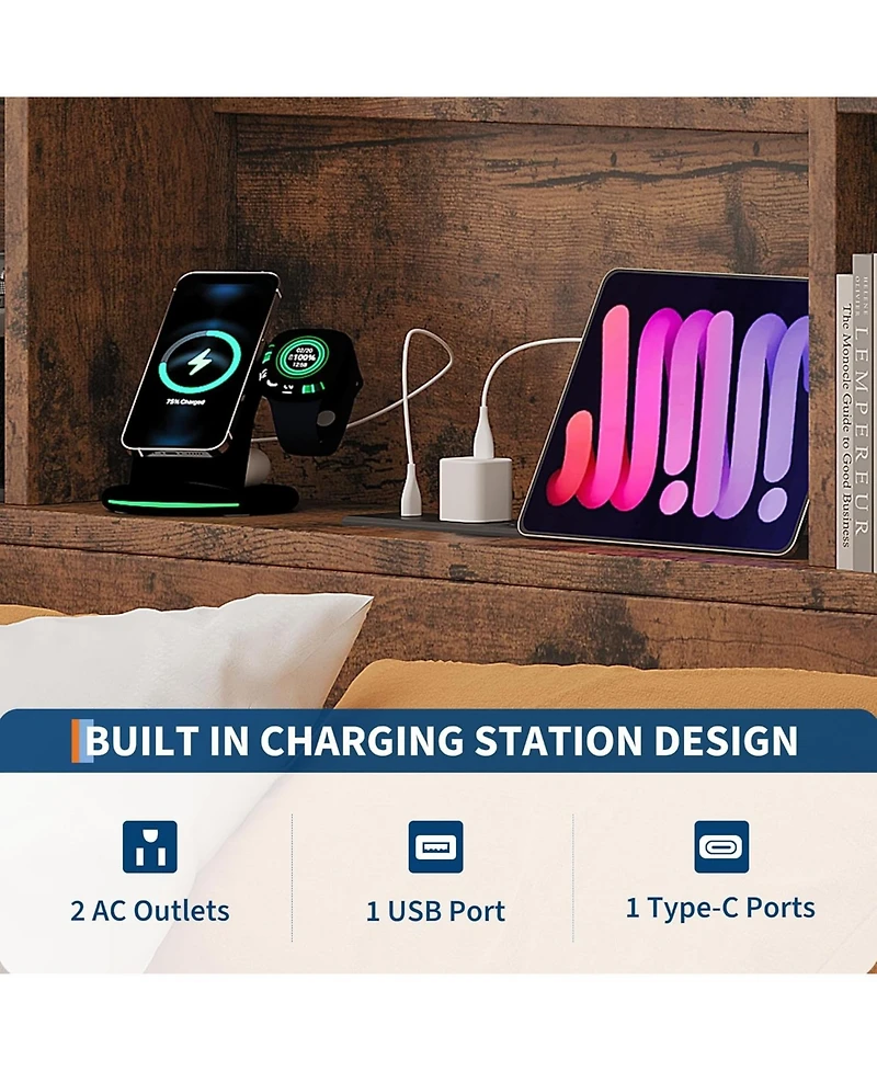 gaomon Full Size Bed Frame with High Storage Bookcase Headboard, Wood Bed Frame with 4 Storage Drawers, Built in Charging Station