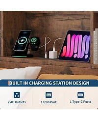 gaomon Full Size Bed Frame with High Storage Bookcase Headboard, Wood Bed Frame with 4 Storage Drawers, Built in Charging Station