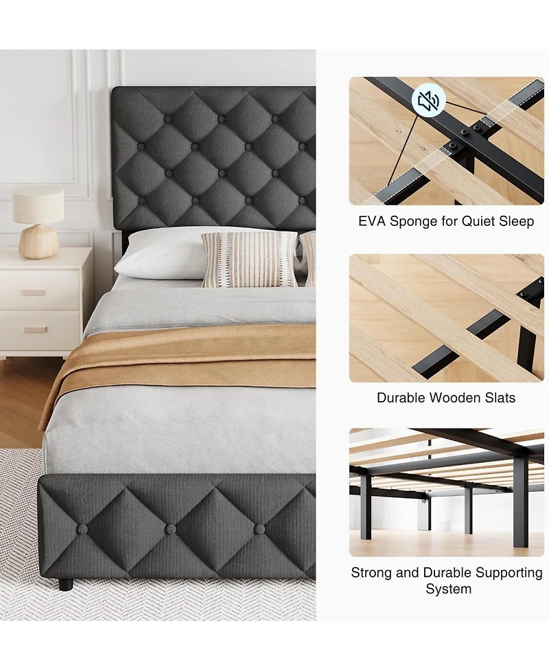 gaomon Bed Frame with 4 Storage Drawers and Headboard, Linen Upholstered Platform Bed Frame, Diamond Stitched Button Tufted