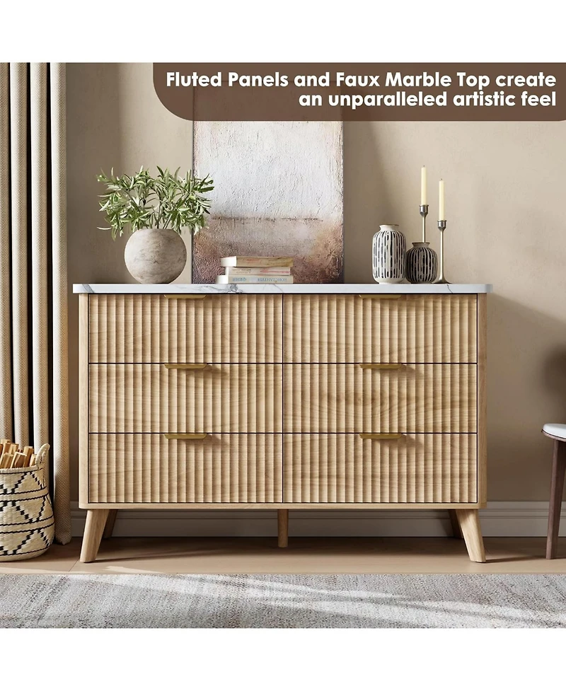 gaomon Fluted 6 Drawer Dresser, 47.2 inch Tall Chest of Drawers with Faux Marble Top, Curved Design for Living Room or Hallway
