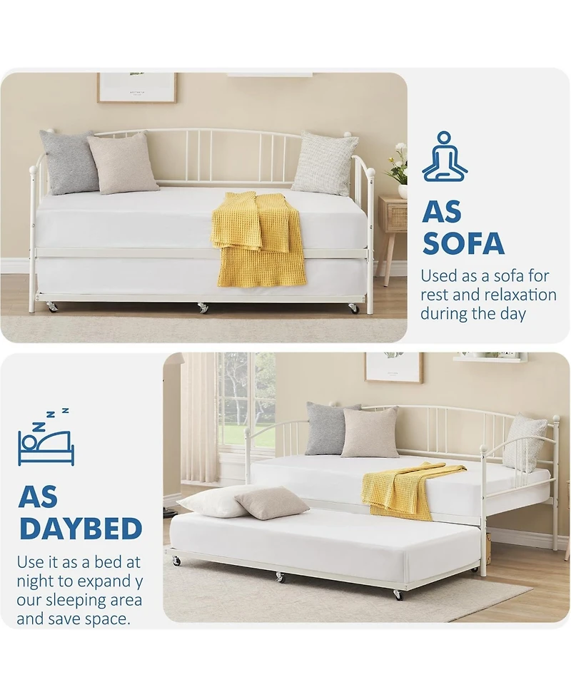 gaomon Twin Daybed with Trundle, Metal Daybed with Pullout Trundle and 6 Casters, Steel Slat Support Sofa Bed for Living Room, Bedroom, Guest Room